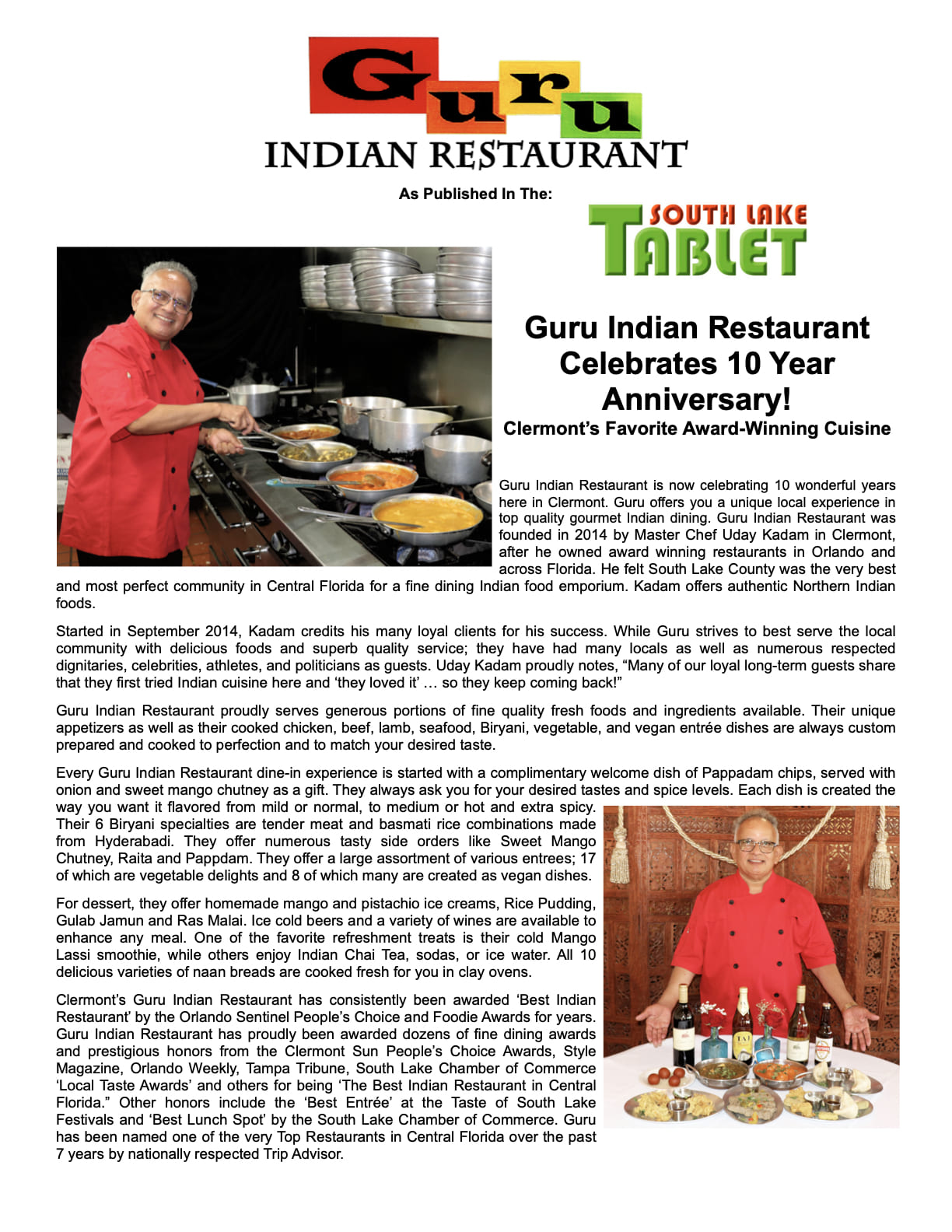 Guru Restaurant Celebrating 10th Anniversary News Clipping